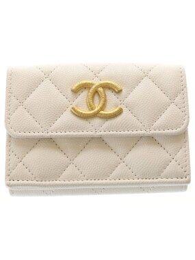 Chanel CC Logo Quilted Small Flap Compact Wallet Trifold White Pink Seal